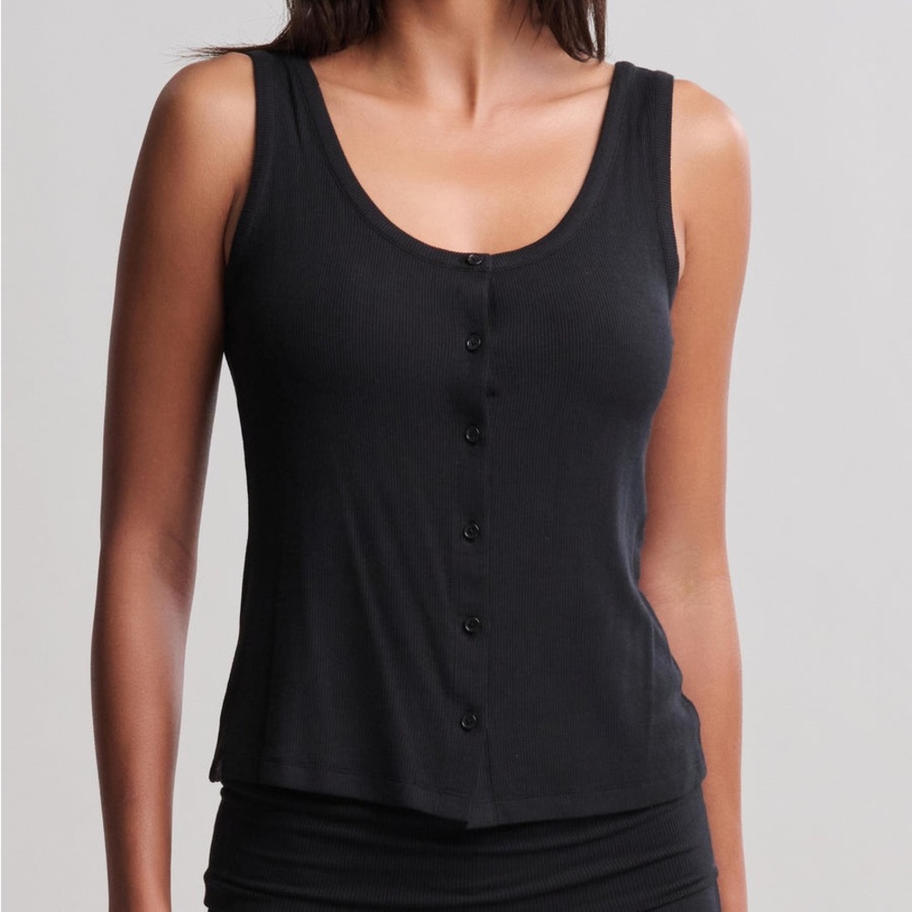 Barefoot Dreams ultra soft rib button front cami and fold over pant set black M